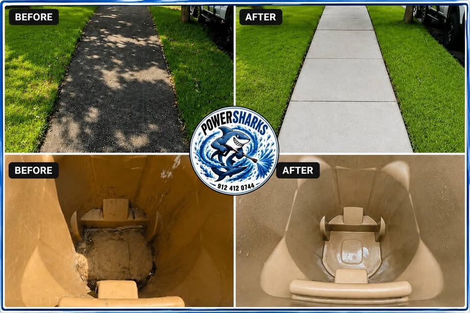 Sidewalk and trash can before and after